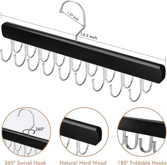 2 Pack Bra Hanger for Closet Organizer, Premium Wooden Tank Top Hangers with 36 Foldable Hooks, 360° Rotating Design, Space Saving Storage for Tank Tops, Bras, Scarves and More, Black