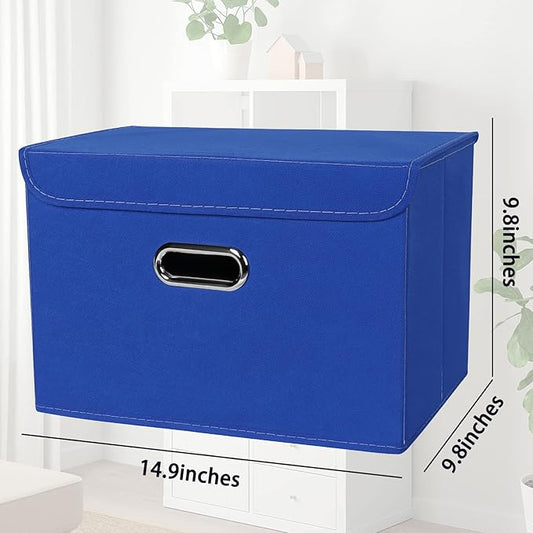 STOREONE Fabric Storage Cube Bins Foldable Organizer Container Collapsible Basket with Lids and Metal Handles, for Home, Bedroom, Closet 3 Pcs (Dark Blue)