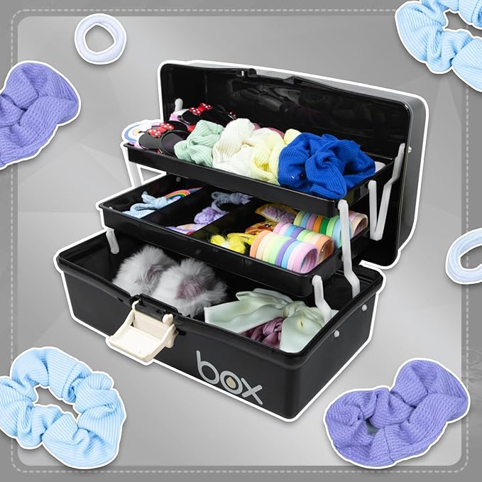 12in Three-Layer Multipurpose Storage Box Organizer Folding Tool Box/Art & Crafts Case/Sewing Supplies Organizer/Medicine Box/Family First Aid Box with 2 Trays (Black)…