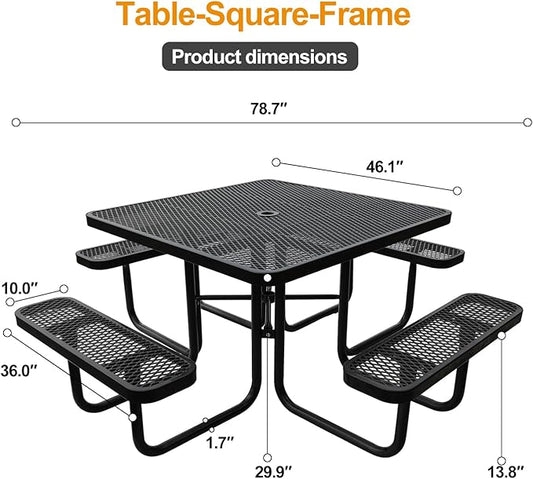 46-Inch Square Outdoor Picnic Table – Commercial Heavy-Duty Steel Dining Table with Thermoplastic Coating, Weather & Rust Resistant, Ideal for Parks, Patios, Schools, Campgrounds (Black)