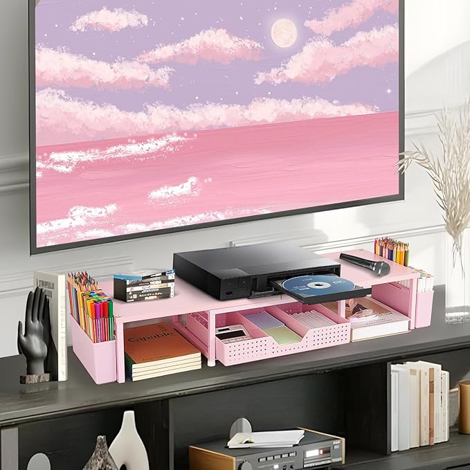 OPNICE Desk Organizers and Accessories, Dual Monitor Stand Riser with Drawer and 2 Pen Holders, Desk Shelf Wood Computer Racks for Office Workspace Organizers, Desktop Organization (White Wood)