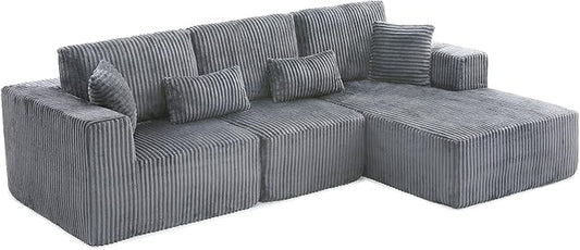 L Shaped Modular Boneless Sectional Couches for Living Room, Wide Armrest, Deep Seat, Memory Foam, Assembly Free, Modern Comfy Corduroy Fluffy Cloud Sofa with Right Chaise, Grey