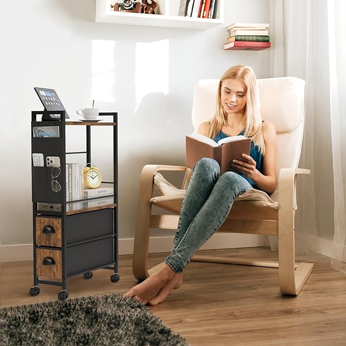 Small Narrow Side End Table, 2 Drawer Slim Nightstand Bedside Sofa Table with Wheels, Space Saving Rolling Skinny Thin Desk with Storage Bag for Bedroom Living Room Couch Bathroom Dorm
