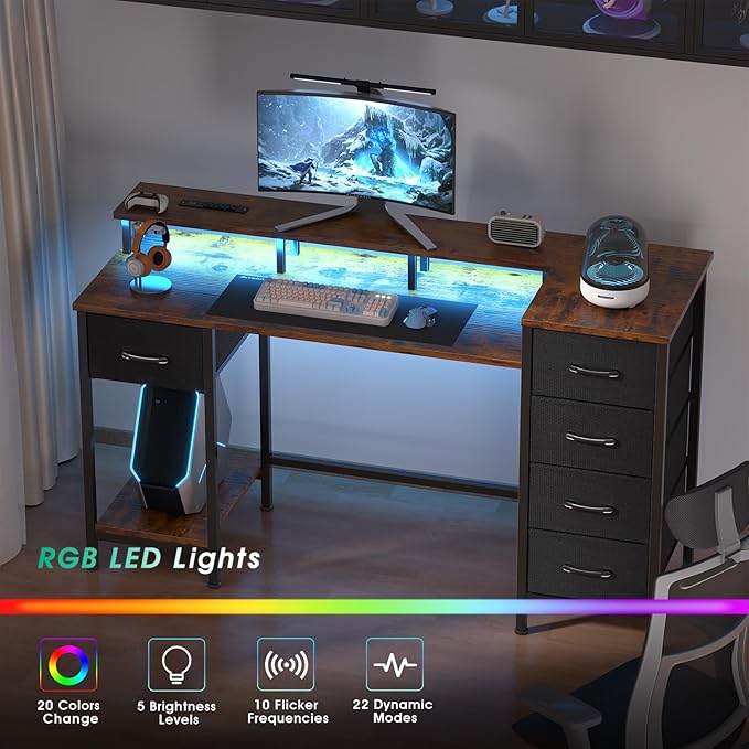 55 Inch Gaming Desk with Power Outlets and LED Lights, Reversible Computer Desk with 5 Fabric Storage Drawers, Home Office Desk with Monitor Stand for Working Writing Study, Rustic Brown