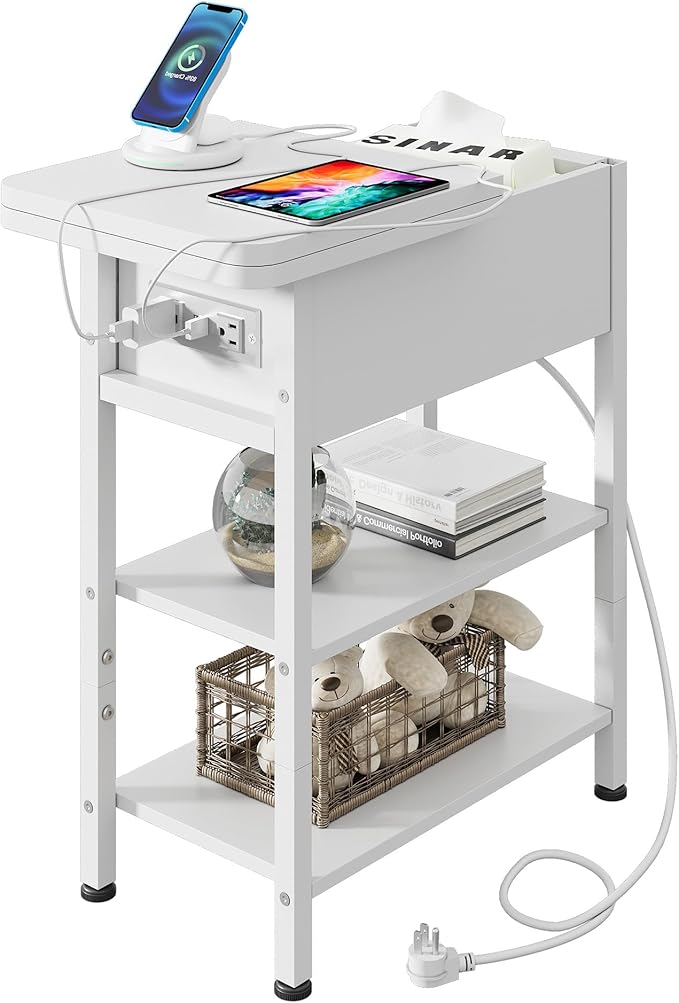 WLIVE End Table with Charging Station, Flip Top Side Table with Storage Shelf, Sofa Couch Table with USB Ports and Outlets, Narrow Bedside Table for Living Room, Bedroom ,11.81"D x 23.62"W x 24.33"H
