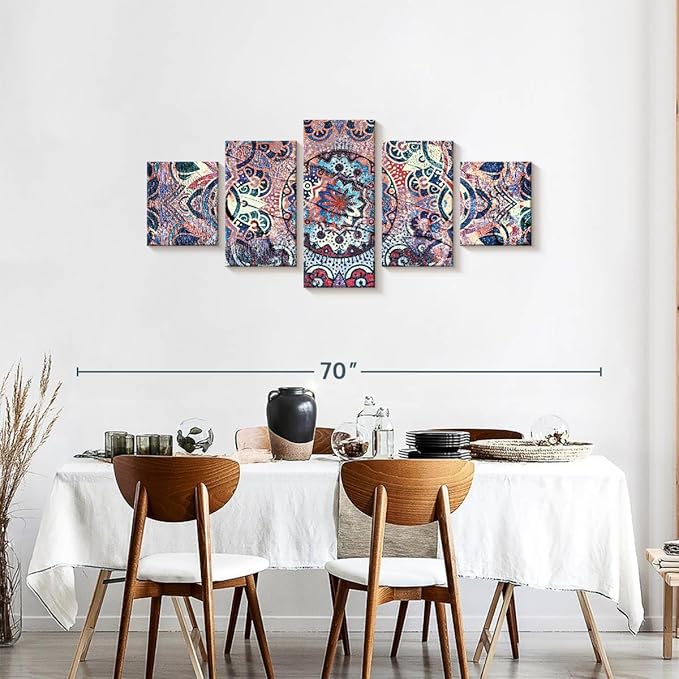 ElephantStock - Mandala Enchantment Wall Art - Horizontal Multi Panel Canvas - 5 Piece Living Room Wall Decor - Digital Art Elements Multi Piece Wall Art - Blue And Beige Decor - 55" x 24"