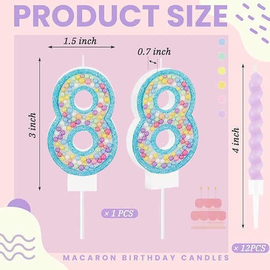 MTLEE Number 8 Birthday Candle with 12 Pcs Spiral Candles for Girls Macaron Pastel Rainbow Unicorn Pink Cake Topper for Sweet Theme Party Decoration