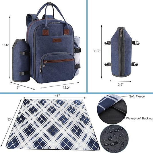ALLCAMP OUTDOOR GEAR Picnic Backpack for 2 Person Set W/Detachable Bottle/Wine Holder, Fleece Blanket, Plates and Cutlery Set (Blue)