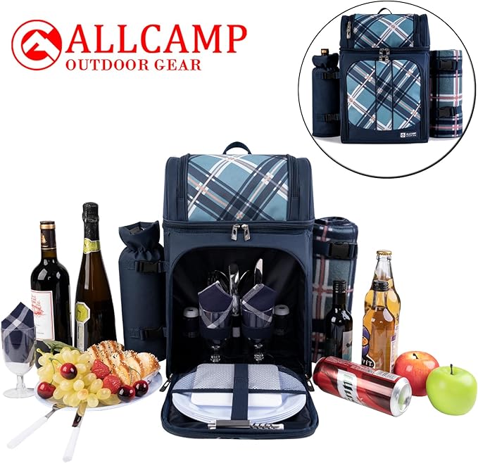 ALLCAMP 2-Person Picnic Backpack with Insulated Cooler, Detachable Wine Holder, Fleece Blanket & Full Picnic Set for Outdoor, Family, Couples (Blue)