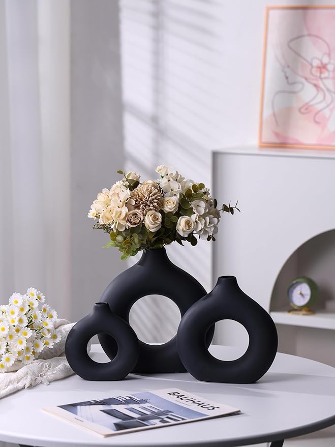 Modern Donut-Shaped Decorative Vases, Handmade Minimalist Boho ins Style, Modern Vase for Home Decor for Wedding Dinner Table Party Living Room Office Bedroom (Black, Large + Small)