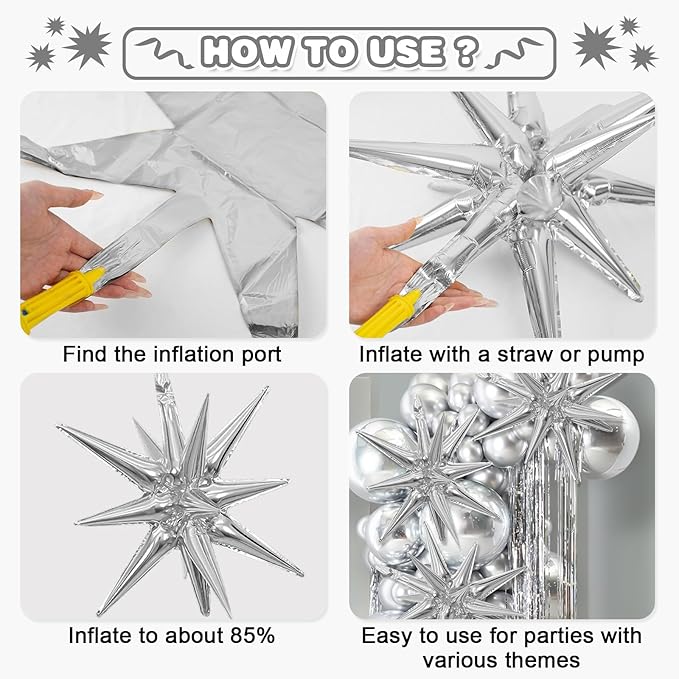 Silver Star Balloons,9Pcs 22Inch Silver Explosion Spike Cone Helium Polyester Film Star Foil Balloons for Birthday Anniversary Baby Shower Wedding New Year Disco Party Decorations