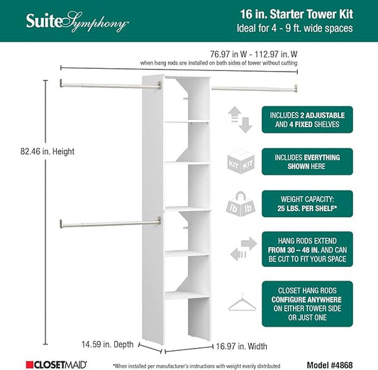 ClosetMaid SuiteSymphony Wood Closet Organizer Starter Kit with Tower and 3 Hang Rods, Shelves, Adjustable, Fits Spaces 4 – 9 ft. Wide, Pure White