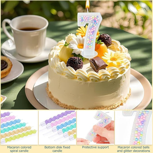 Number Birthday Candle with 12PCS Spiral Candles and A Birthday Card - Perfect for Celebrating Birthdays (Macaron Glitter, Number 7)