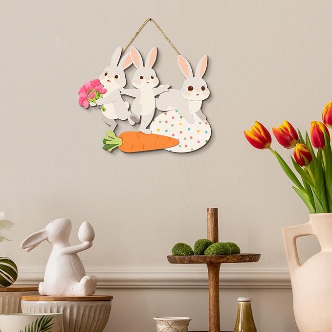 Kercan Easter Cross Wall Decoration with Purple Fabric, White Lily Flowers and Dove, He is Risen Wood Sign, 14.2x9.8 Inch Religious Home Decor (Rabbit-D)