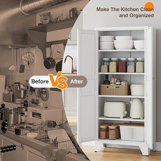 Yizosh Metal Storage Cabinet with 2 Doors and 4 Adjustable Shelves - 61" White Kitchen Pantry Storage 5-Tier Tall Steel Cabinets Locker for Kitchen, Living Room, Dining Room