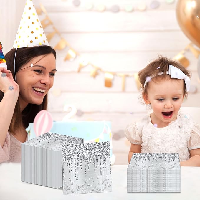 100PCS Silver Party Paper Napkins Happy Birthday Supplies Glitter Decorations Silver Diamond Theme Disposable Paper Lunch Napkins for Adults Kids Birthday Wedding Bridal Shower Favors