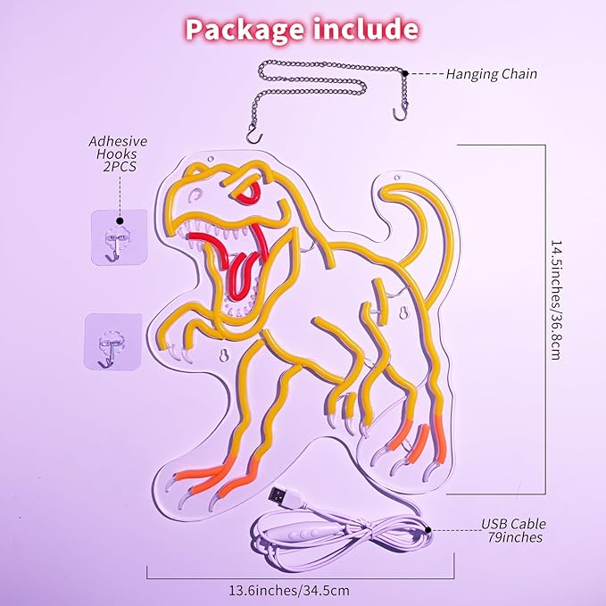 Dinosaur Neon Wall Light - Gold T-Rex LED Decor for Man Cave, Game Room, Dinosaur Party, Gifts for Men/Teens, 14.5x13.6" USB Powered