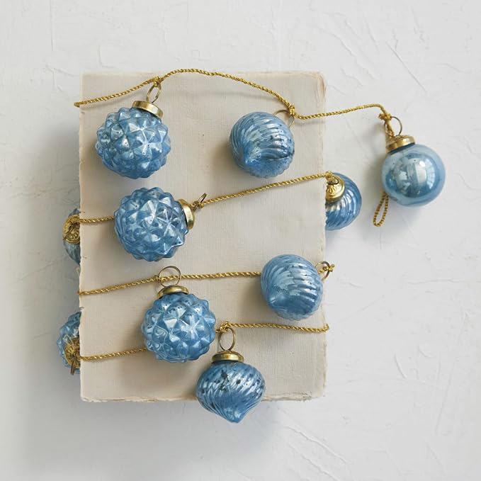 Creative Co-Op Embossed Mercury Glass Ornament Garland with Gold Cord, Blue