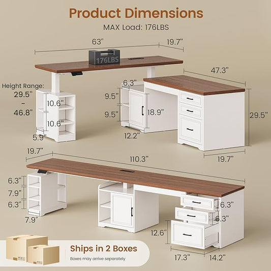SEDETA Farmhouse L Shaped Electric Standing Desk, 63" x 67" Height Adjustable Home Office Executive Desk with Drawers and Shelves, Standing Computer Desks with Power Outlet for Home Office, White