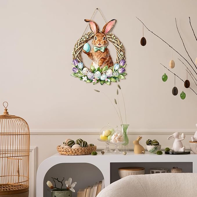 Kercan Easter Bunny Door Sign, Happy Easter Eggs Wooden Hanging Decorations Hanging Plaque Bunny Rabbit Sign Wall Hanger Floral Spring Decor for Front Door Porch Yard Wall Home Decorations