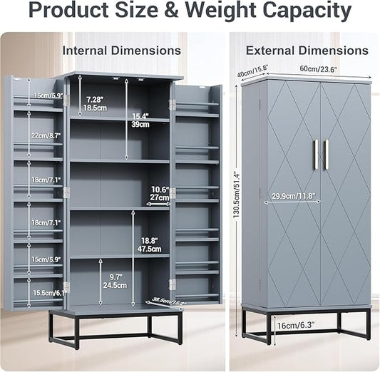 51" Kitchen Pantry Storage Cabinet, Freestanding Pantry Cabinets with Doors andAdjustable Shelves, Buffet Cupboards Storage Cabinet for Home Office Use, DinningRoom(Grey)