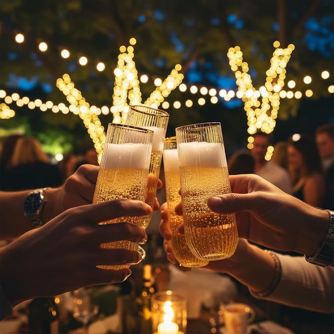 Goodluck 24pack Clear Stemless Plastic Champagne Flutes with Gold Rim,9oz Ribbed Stemless Toasting Glasses,Champagne Flutes Plastic for Weddings, Bars, Events, Party And Celebrations