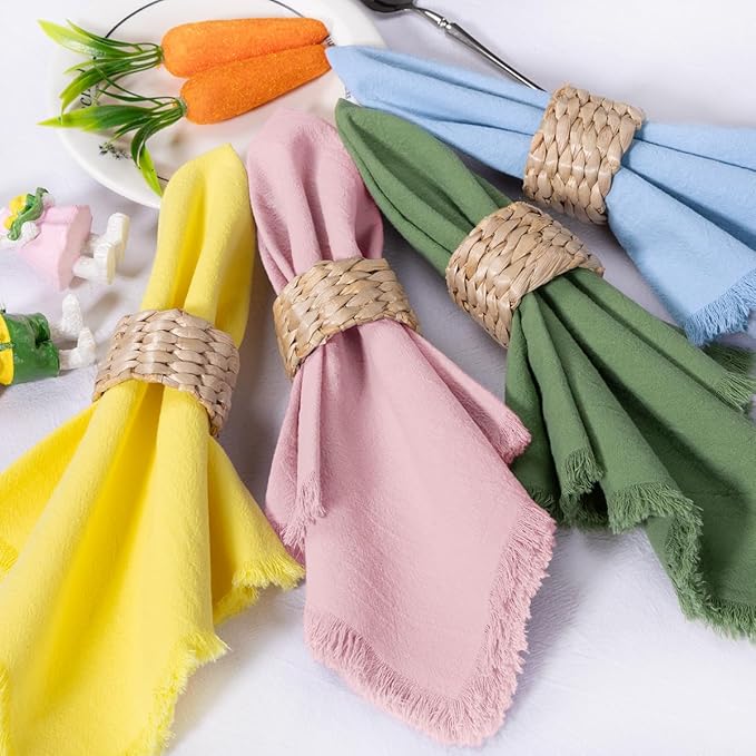 12 Pack Mixed Easter Color Cotton Linen Napkins with Fringe Easter Spring Cloth Napkins Set of 6 12 Boho Handmade Dinner Napkins Bulk for Wedding Bridal Baby Boy Shower Parties, 17 x 17