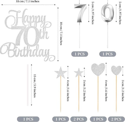 70th Birthday Cake Decorations, 70th Birthday Candles Cake Numeral Candles and Glitter Happy 70th Birthday Cake Toppers Set for Birthday Party Supplies (Silver)