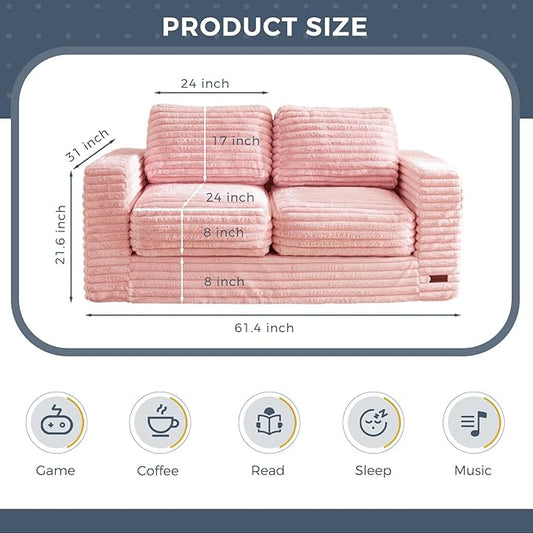 MAXYOYO Bean Bag Chair, Two-seat Bean Bag Sofa with Pillows and Armrests for Adults, Upholstered Loveseat Floor Sofa Couch Fluffy Chair Bean Bag Couch for Bedroom Living Room, Pink