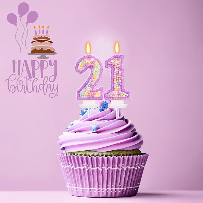 Purple Birthday Candles - Number 21 Candle, Colorful Macaron Candles, 21 Birthday Decorations for Girls, Purple Cake Decorations, Theme Party Supplies