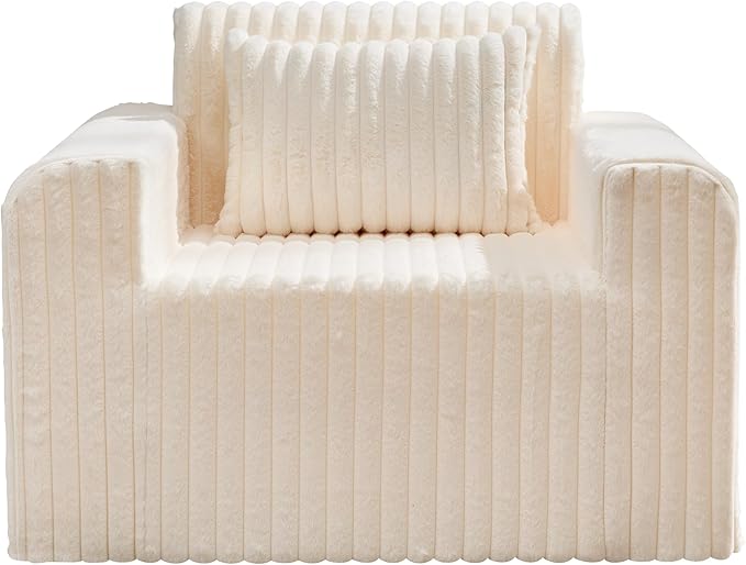Hobestluk Single Sofa Foam Couch Sofa for Small Spaces Comfy Sofas with Removable Cover Furry Couch with Pillows for Living Room, Bedroom, Apartment, Office (White, Standard)
