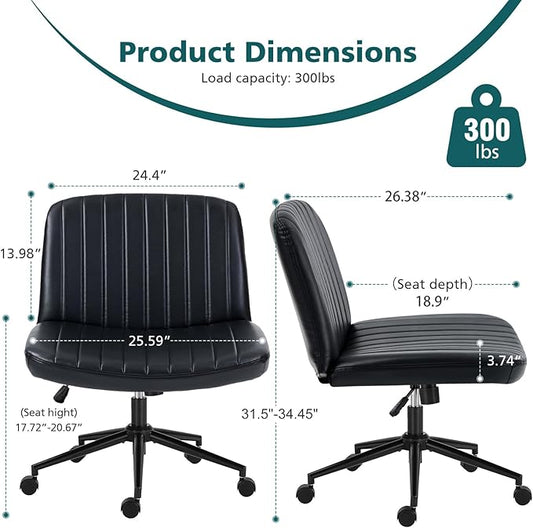 OLIXIS Criss Cross Chair with Wheels Wide Cross Legged Office Desk Vanity Chair Comfy Fabric Armless Adjustable Swivel for Home Computer Task PU Black