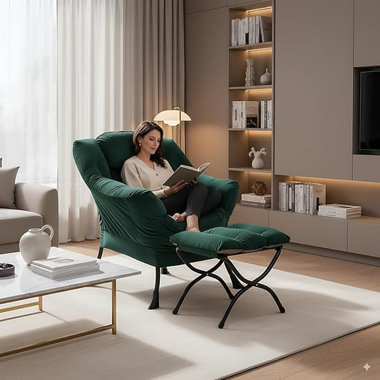 LITA Lazy Chair with Ottoman, Modern Accent Leisure Upholstered Sofa Chair, Contemporary Lounge Reading Chairs with Armrests and a Side Pocket for Living Room, Bedroom & Small Space, Dark Green