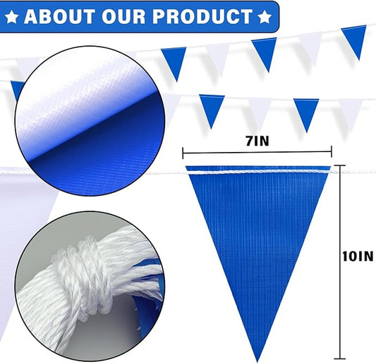 105ft Blue and White Pennant Banner Flag, 7"x10" Fluorescent Safety Flagging Banner Warning Flag for Construction Site/Boundary Barrier Signs, Perimeter Marking Flags on String, 45 Flags