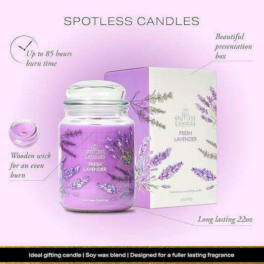 Fresh Lavender Candle 22oz Glass Jar with Wooden Wick in a Decorated Jar Within a Presentation Gift Box and Protective Shipping Box