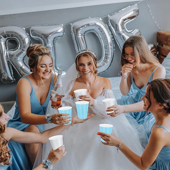 100 Pcs Blue and White Plastic Cups 12 oz, Bulk Light Blue Disposable Party Graduation Cups for Graduation Bachelorette Wedding Birthday Baby Shower Bridal Theme Party Supplies Decorations