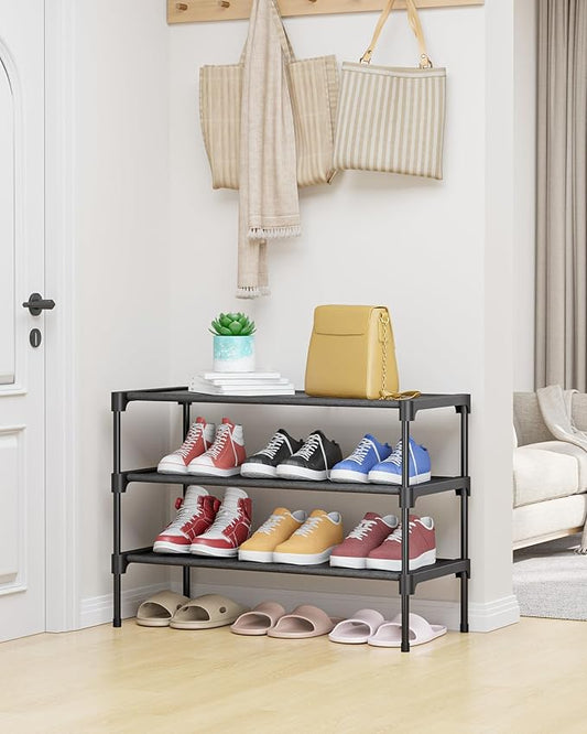 Kitsure Shoe Rack - Non-Woven Shoe Rack Shelf, Shoe Organizer for Closet, Entryway, Garage & Corridor, Stackable Shoe Shelves, 27.5" Wide - 3 Tier, Black