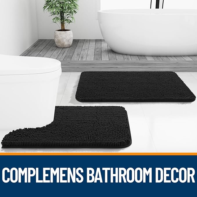 OLANLY Toilet Rugs U-Shaped 24x20, Extra Soft Absorbent Chenille Contour Bathroom Rugs for Toilet, Dry Quickly, Machine Washable, Non-Slip Bath Mat, Black