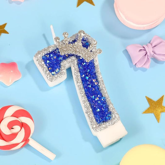 Blue Birthday Candle Crown Number 7 Candle with Sequins Cake Candles Cupcake Decorations Party Decor for Anniversary Celebrations Supplies