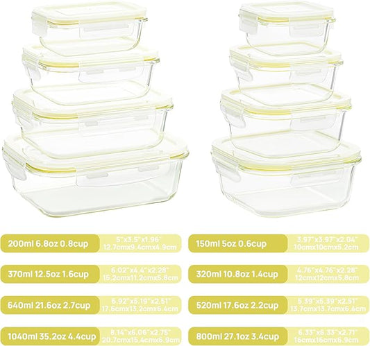 Vtopmart 8 Pack Glass Food Storage Containers with Airtight Lids, Glass Meal Prep Containers, Lunch Office Meal for Microwave, Oven, Freezer and Dishwasher, BPA Free