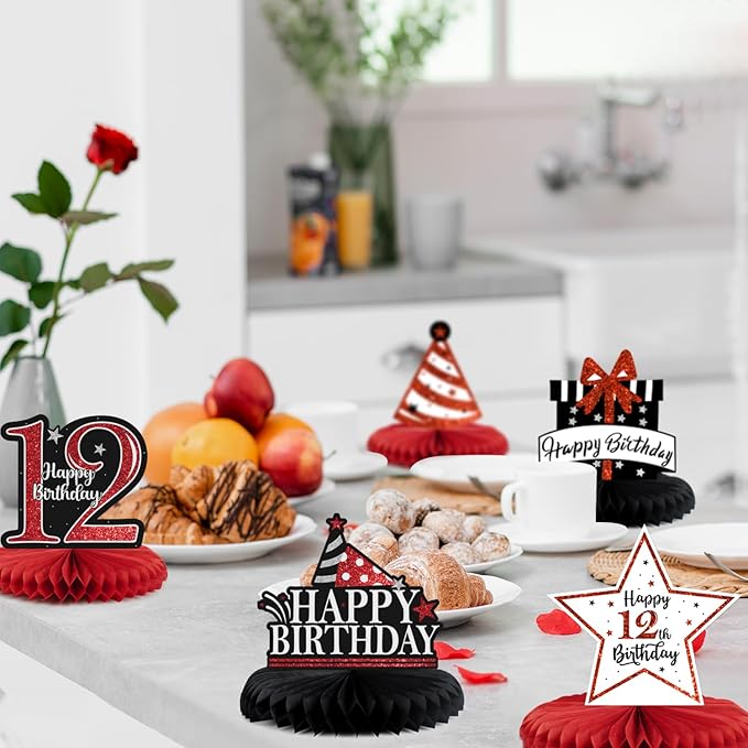 Happy 12th Birthday Decorations,12th Birthday Red Glitter Shiny Stand Honeycomb Table Centerpieces - Cheers to Twelve Years Old Birthday Party Photoprop Gift Sign.