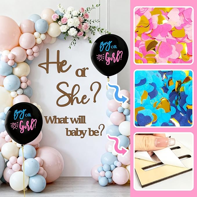 Large Wooden Gender Reveal Decals for Backdrop 36 Inch Boy or Girl Balloons He or She What Will Baby Be Decorations for Balloon Arch Sticker Oh Baby Shower Sign Gender Reveal Ideas Banner Photo Props