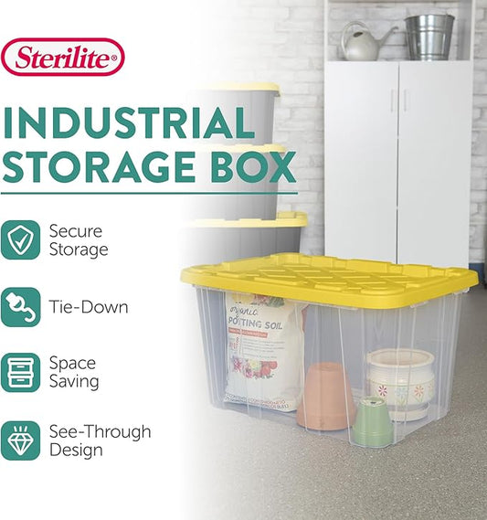 Sterilite 4-Pack Industrial Storage Box, Plastic Container Bins w/Lids, 27 Gallon, Yellow - Heavy-Duty Organizing Containers for Closet, Bathroom, and Office