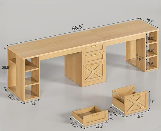 SEDETA Farmhouse 96.5" Computer Desk with Drawers, 2 Person Home Office Desk, Gaming Double Desk with Storage Shelves, Long Two Person Writing Desk, Oak