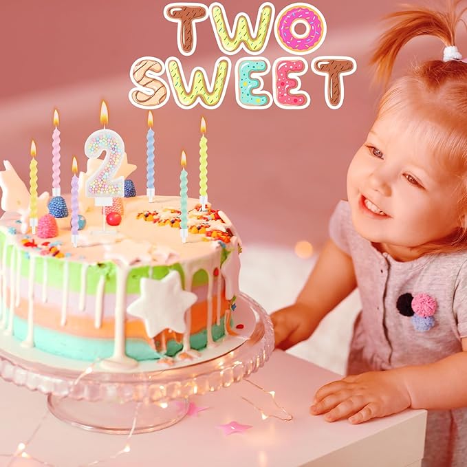 MTLEE Number 2 Birthday Candle with 12 Pcs Spiral Candles for Girls Macaron Pastel Rainbow Unicorn Pink Cake Topper for Sweet Theme Party Decoration