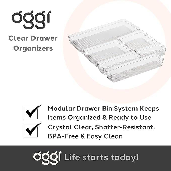 Oggi Clear Drawer Organizer - 3" X 9.5" - Ideal for Organizing Kitchen Drawers, Office, Desk, Silverware, Kitchen Utensils, Cosmetics and Bathrooms