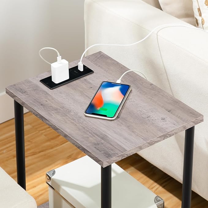 HOOBRO Side Table with Charging Station, End Table with USB Ports and Outlet, Nightstand with 2-Layer Storage Shelves for Small Spaces, Living Room, Bedroom, Stable Frame, Greige and Black BG09UBZ01