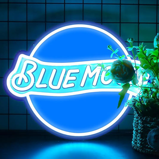 JFLLamp Blue Moon Neon Signs for Wall Decor Neon Lights for Bedroom Led Signs Suitable for Man Cave Bar Pub Restaurant Christmas Birthday Party Gift 5V Usb Power, 14 * 12.2 Inch(Azure+White)