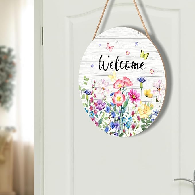Spring Wildflowers Welcome Sign for Front Door Spring Summer Decorations Welcome Door Hanger Sign Spring Floral Butterfly Wooden Wreath Seasonal Farmhouse Wreaths for Wall Front Door Porch 12"x12"