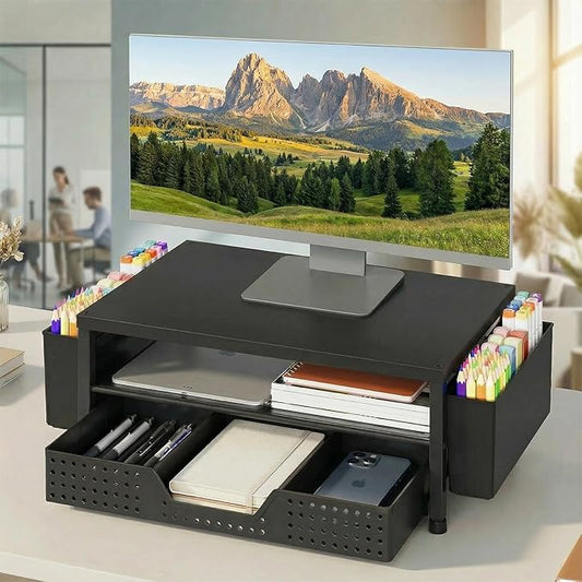 Desk Organizer and Accessories, 2-Tier Computer Monitor Stand Rise with Storage Drawer & 2 Pen Holders, Laptop & Printer Stand for Desktop, Workspace Organizers for Office Supplies (Black Wood)